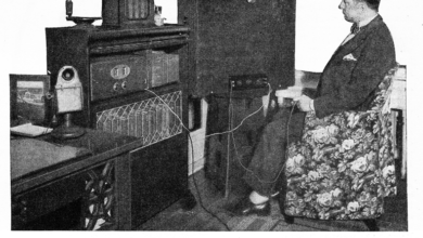 Hugo Gernsback watching an early mechanical television set in 1928