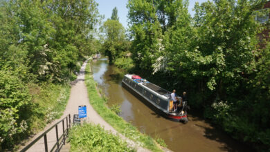 A narrowboat on an English canal — illustrative of the canal-boat life featured in Robbie Cumming's Canal Boat Diaries