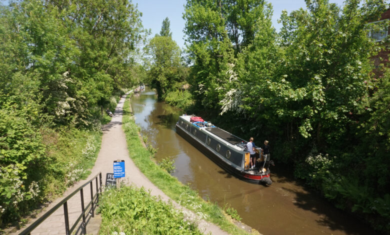 A narrowboat on an English canal — illustrative of the canal-boat life featured in Robbie Cumming's Canal Boat Diaries