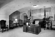 The White House broadcast room in 1952 with vintage radio and television equipment