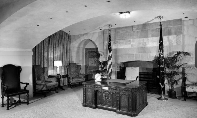 The White House broadcast room in 1952 with vintage radio and television equipment