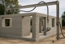 Gantry 3D printer building the layered concrete walls of a 3D printed house