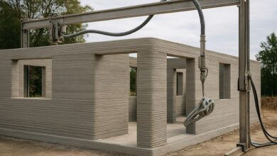 Gantry 3D printer building the layered concrete walls of a 3D printed house