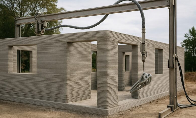 Gantry 3D printer building the layered concrete walls of a 3D printed house