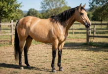 Buckskin horse with a tan-gold coat and black mane, tail and lower legs standing in a paddock