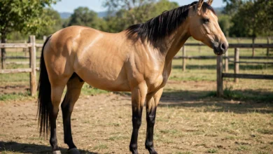 Buckskin horse with a tan-gold coat and black mane, tail and lower legs standing in a paddock