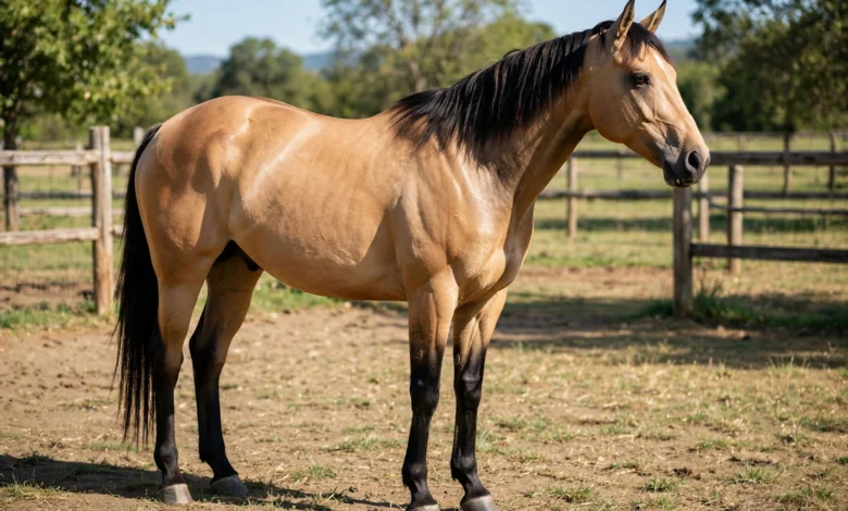 Buckskin horse with a tan-gold coat and black mane, tail and lower legs standing in a paddock