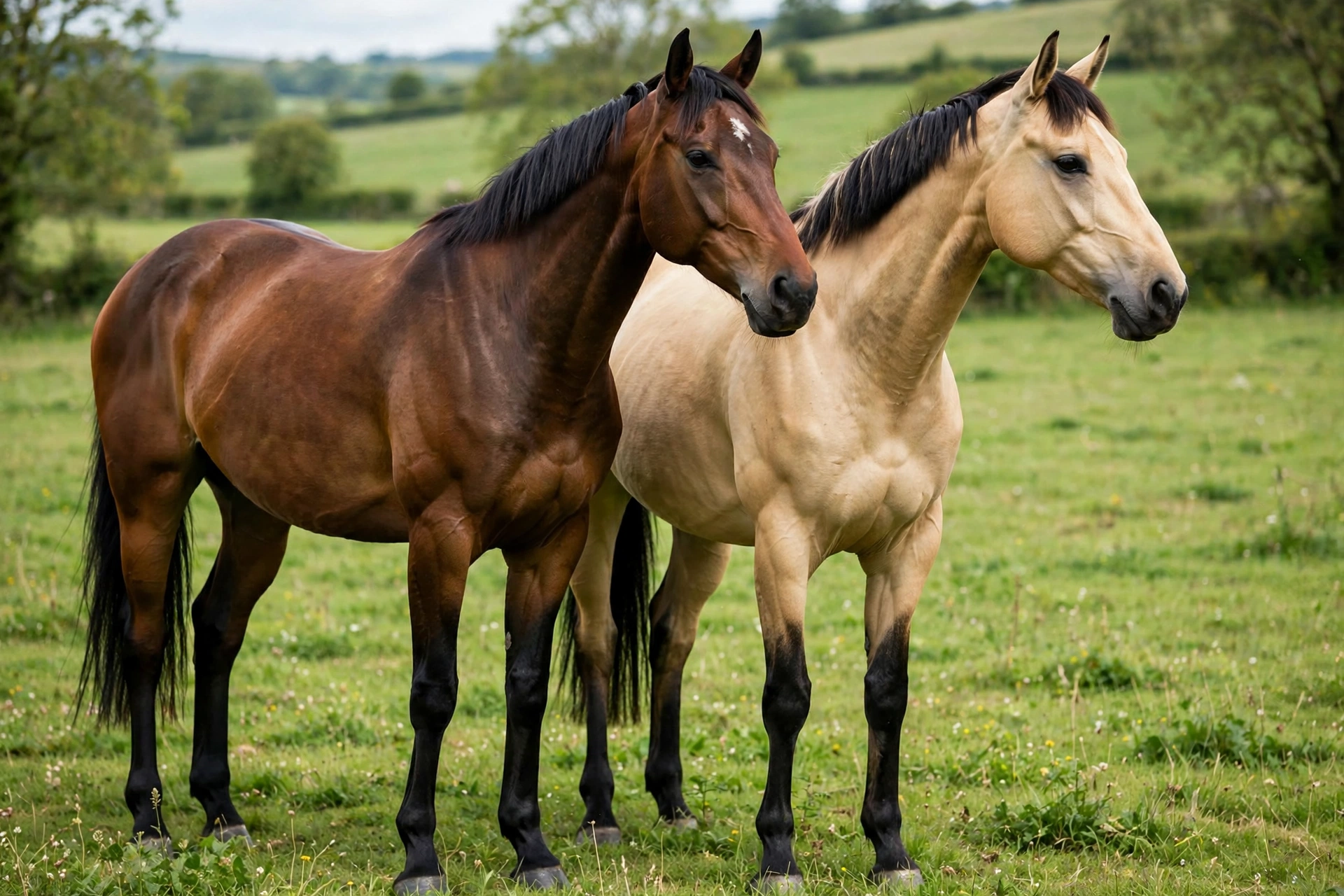 Bay horse and buckskin horse side by side in a field showing the difference the cream dilution gene makes to coat colour
