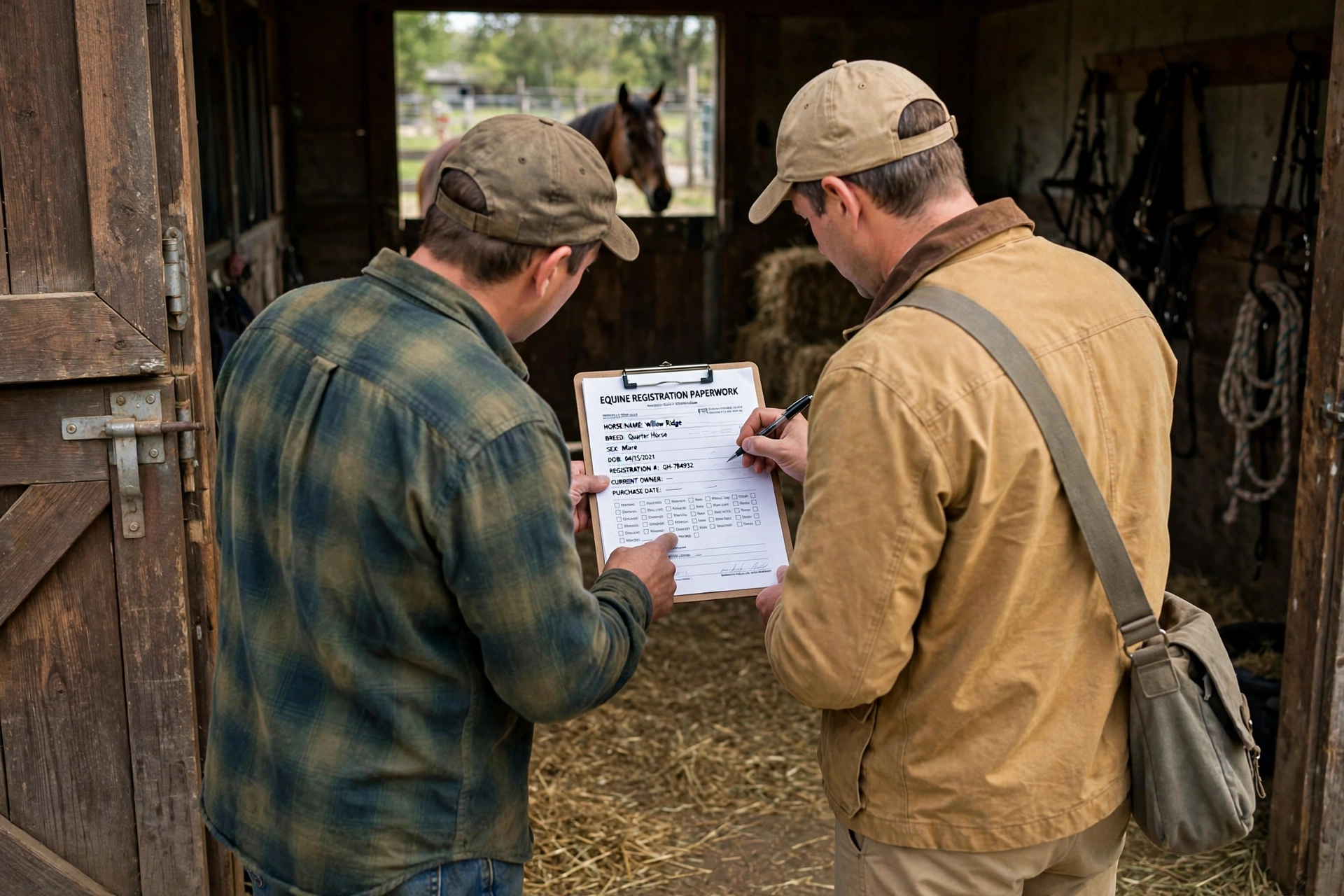 Horse buyer checking registration paperwork at a stable while verifying a horse's breed and colour