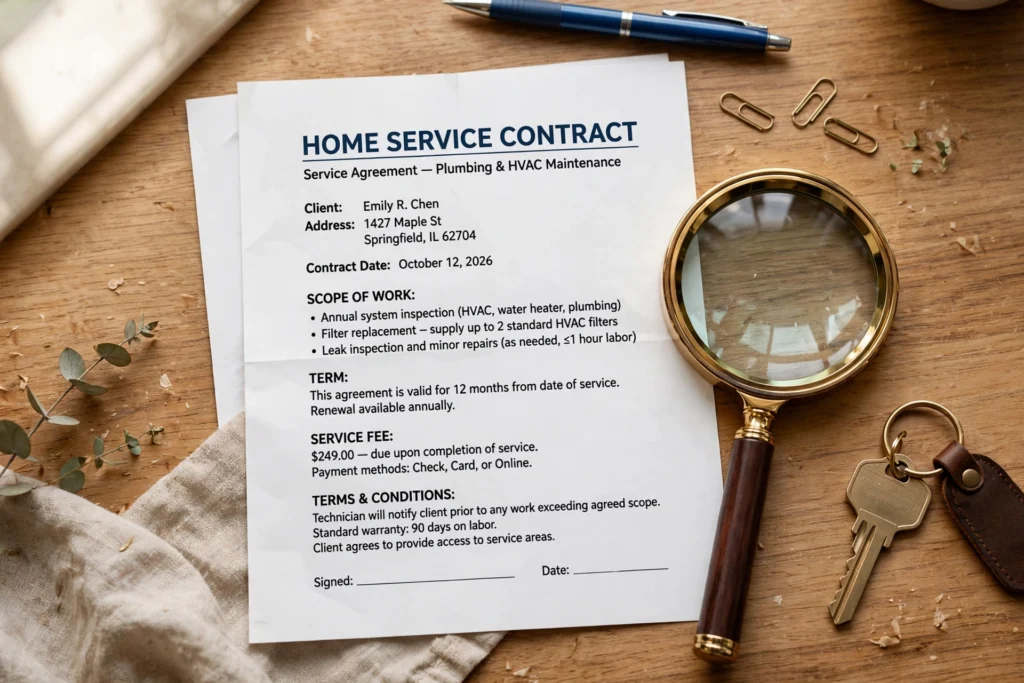 Printed home warranty service contract being checked with a magnifying glass before signing