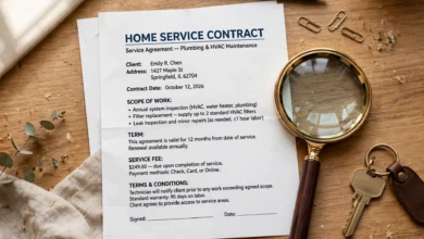 Printed home warranty service contract being checked with a magnifying glass before signing