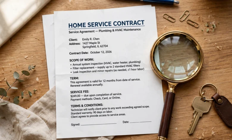 Printed home warranty service contract being checked with a magnifying glass before signing