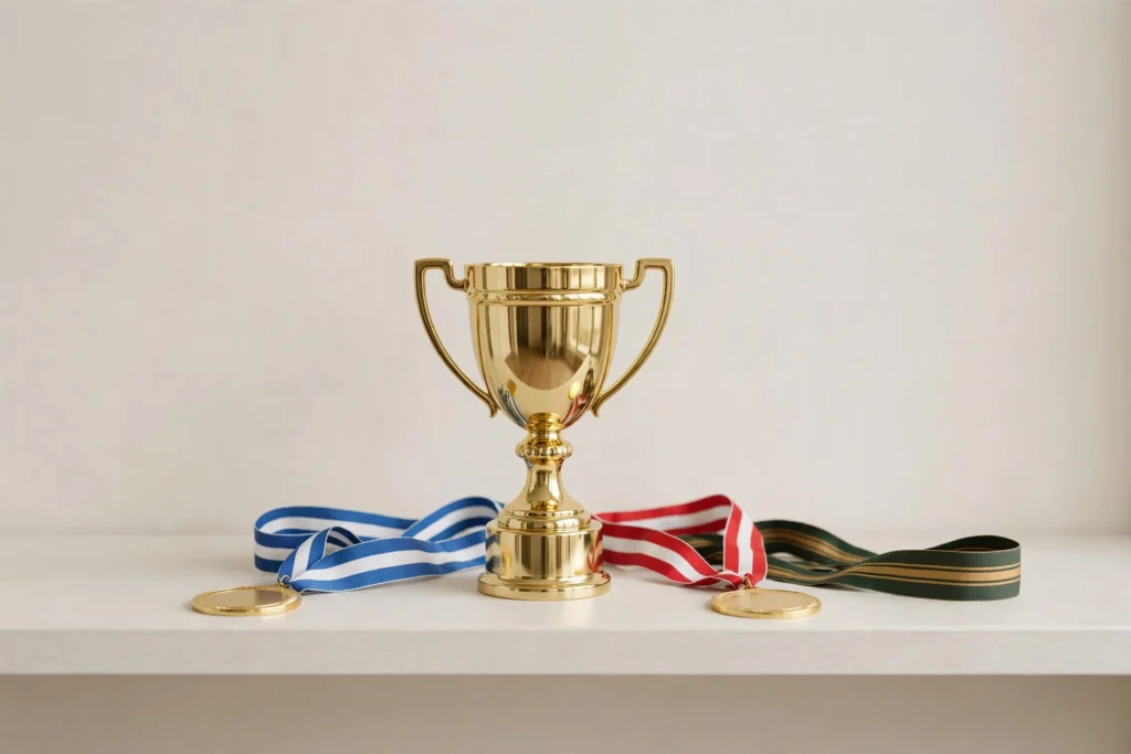 Generic award trophy and medals representing company awards and industry recognition