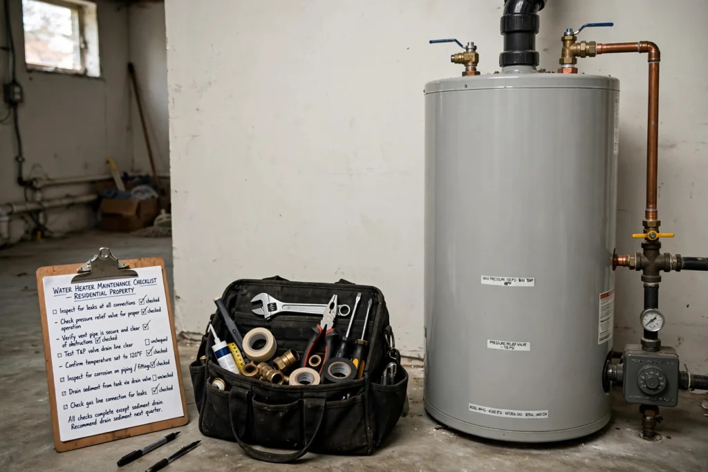 Technician tools and a service checklist next to a home water heater during a warranty repair visit