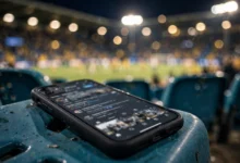 Smartphone displaying a generic football social media feed in a stadium crowd during a night match