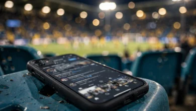 Smartphone displaying a generic football social media feed in a stadium crowd during a night match