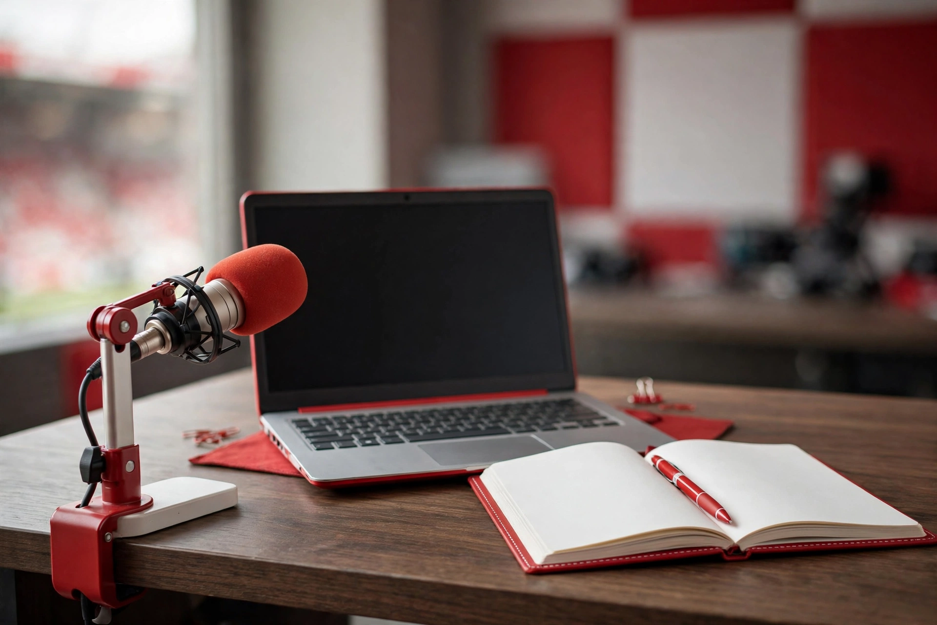 Independent football commentator desk with microphone and laptop for live match coverage