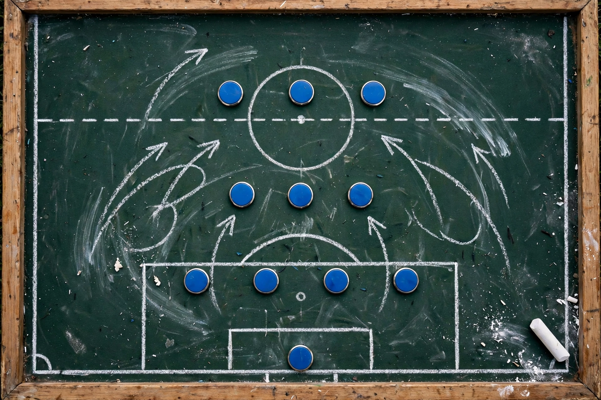 Football tactics board with formation magnets illustrating match analysis and line-up predictions