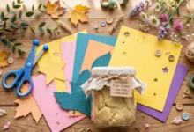 Colourful children's craft materials, leaves and flowers arranged on a wooden table for everyday creative play activities