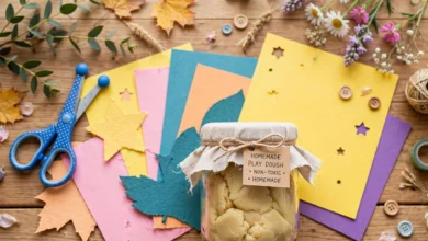 Colourful children's craft materials, leaves and flowers arranged on a wooden table for everyday creative play activities