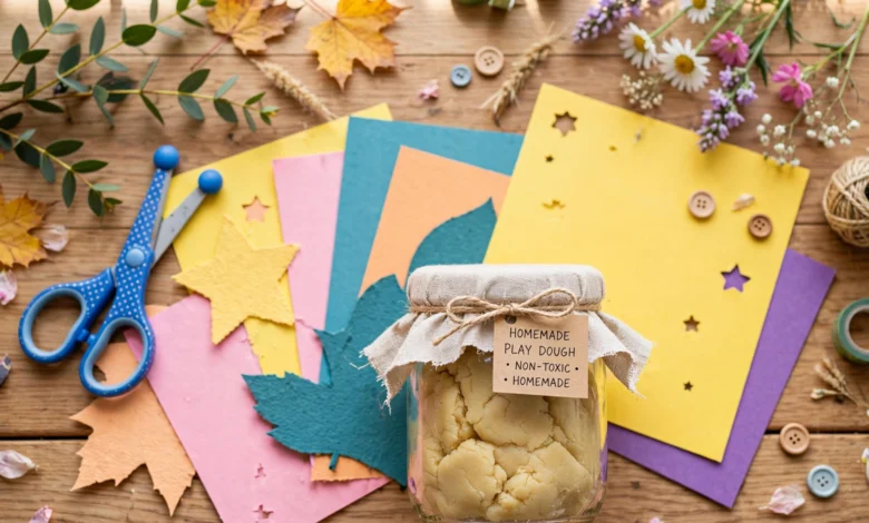 Colourful children's craft materials, leaves and flowers arranged on a wooden table for everyday creative play activities