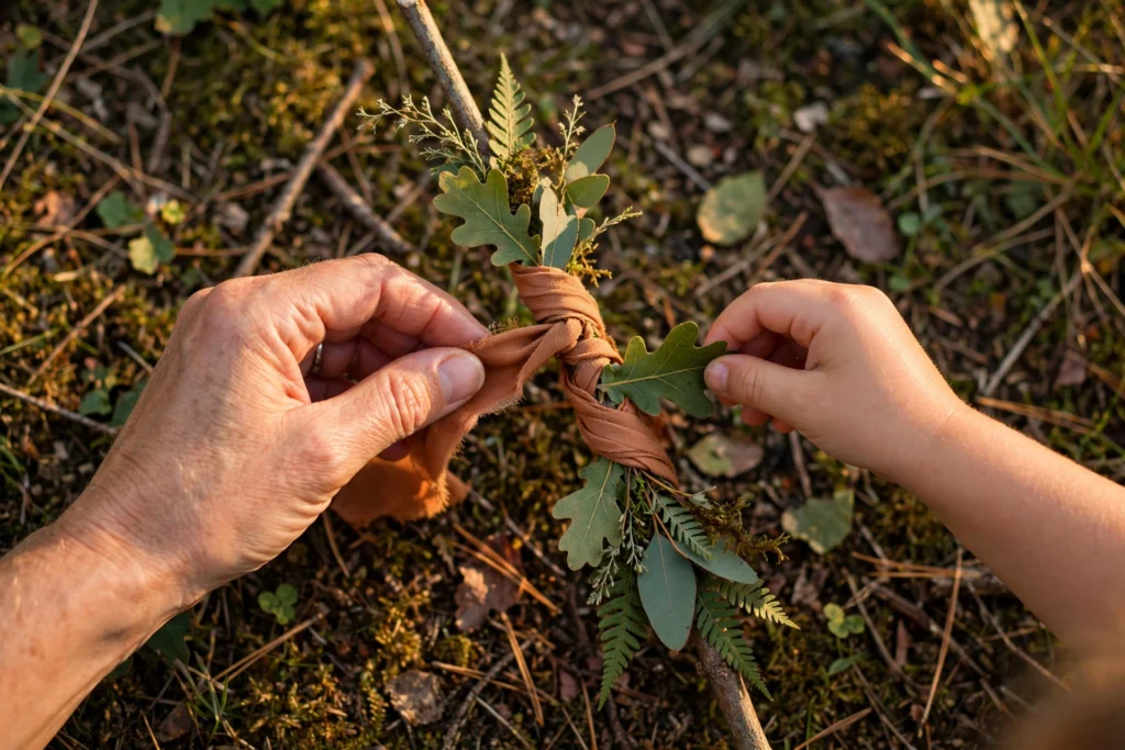 Hands making a nature wand from a stick, ribbon and foraged leaves during outdoor play with a young child