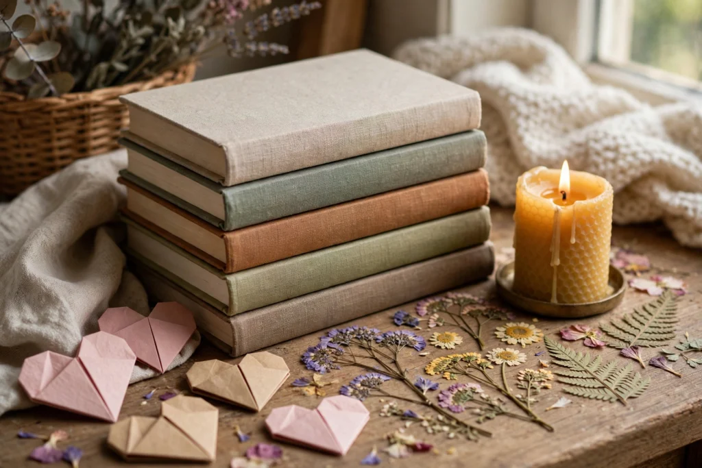 Stack of craft and nature books with pressed flowers, a candle and origami hearts in a calm reading corner