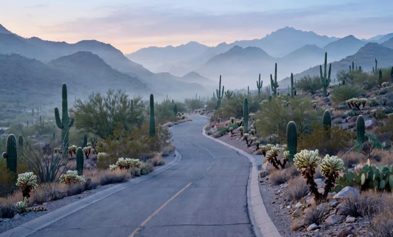 Quiet Catalina Foothills neighbourhood street near Tucson, Arizona at dawn, where Nancy Guthrie was last seen in January 2026