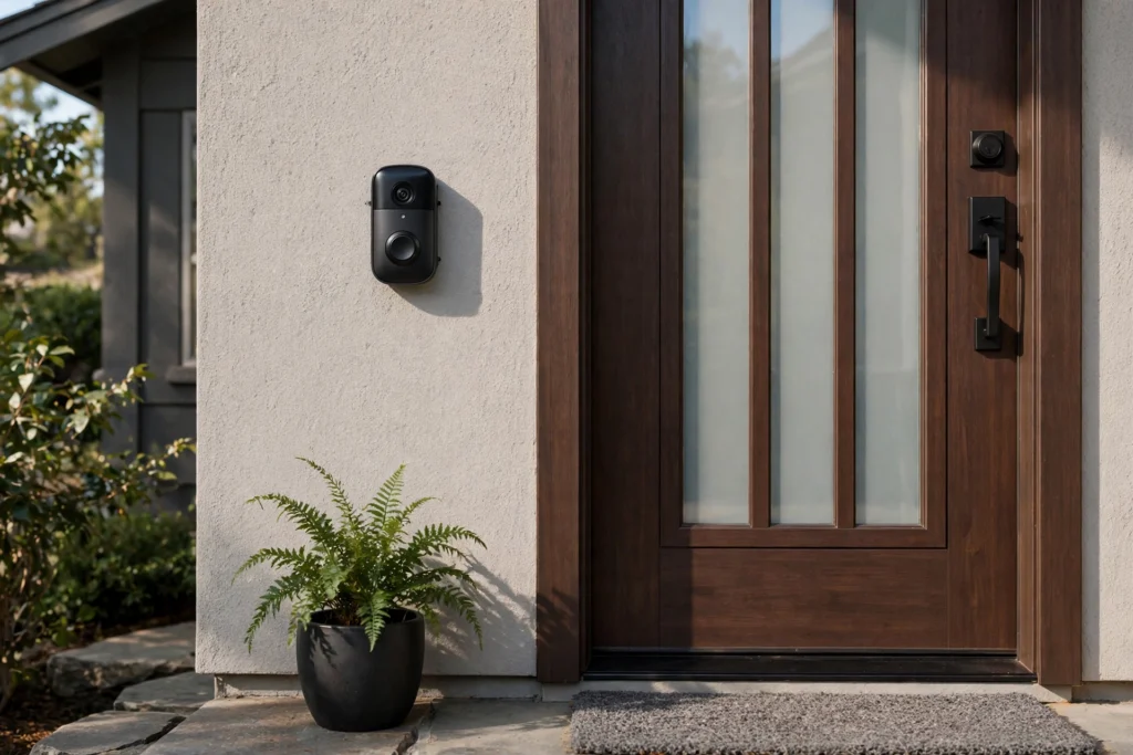 Video doorbell camera beside a front door, similar to the camera that recorded an unidentified individual at Nancy Guthrie's home