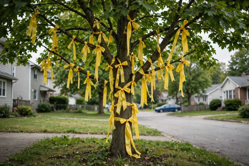 Yellow ribbons tied to a tree in support of missing Tucson resident Nancy Guthrie and her family