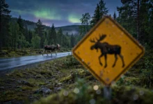 Moose crossing a forest road in Norway at dusk near a wildlife warning sign — the kind of road encounter a municipal viltnemnda's fallen-game team responds to