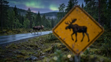Moose crossing a forest road in Norway at dusk near a wildlife warning sign — the kind of road encounter a municipal viltnemnda's fallen-game team responds to