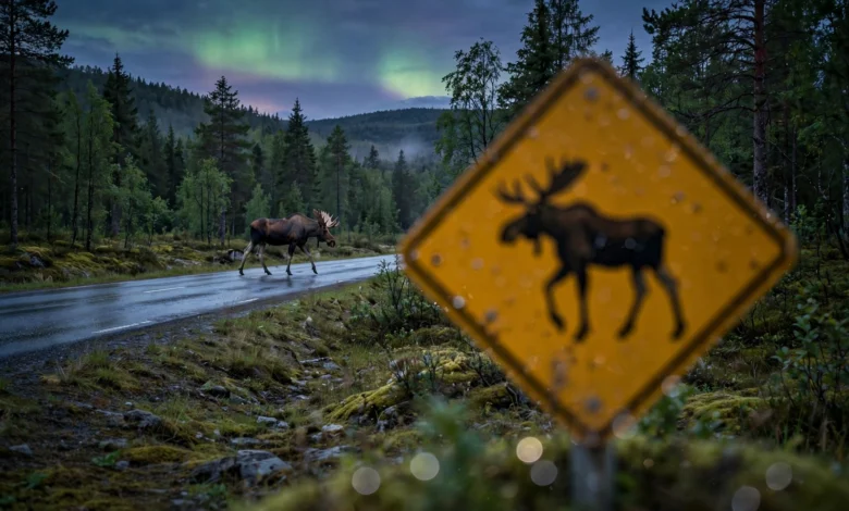 Moose crossing a forest road in Norway at dusk near a wildlife warning sign — the kind of road encounter a municipal viltnemnda's fallen-game team responds to