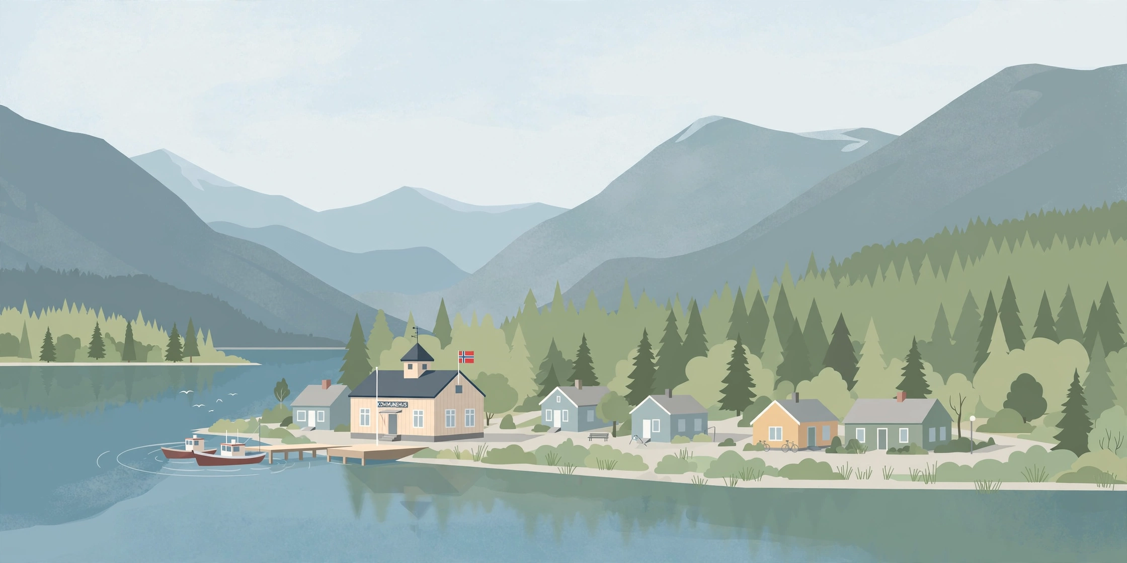 Illustration of a small Norwegian municipality with forest and fjord landscape, representing the local level at which a viltnemnda (wildlife committee) works