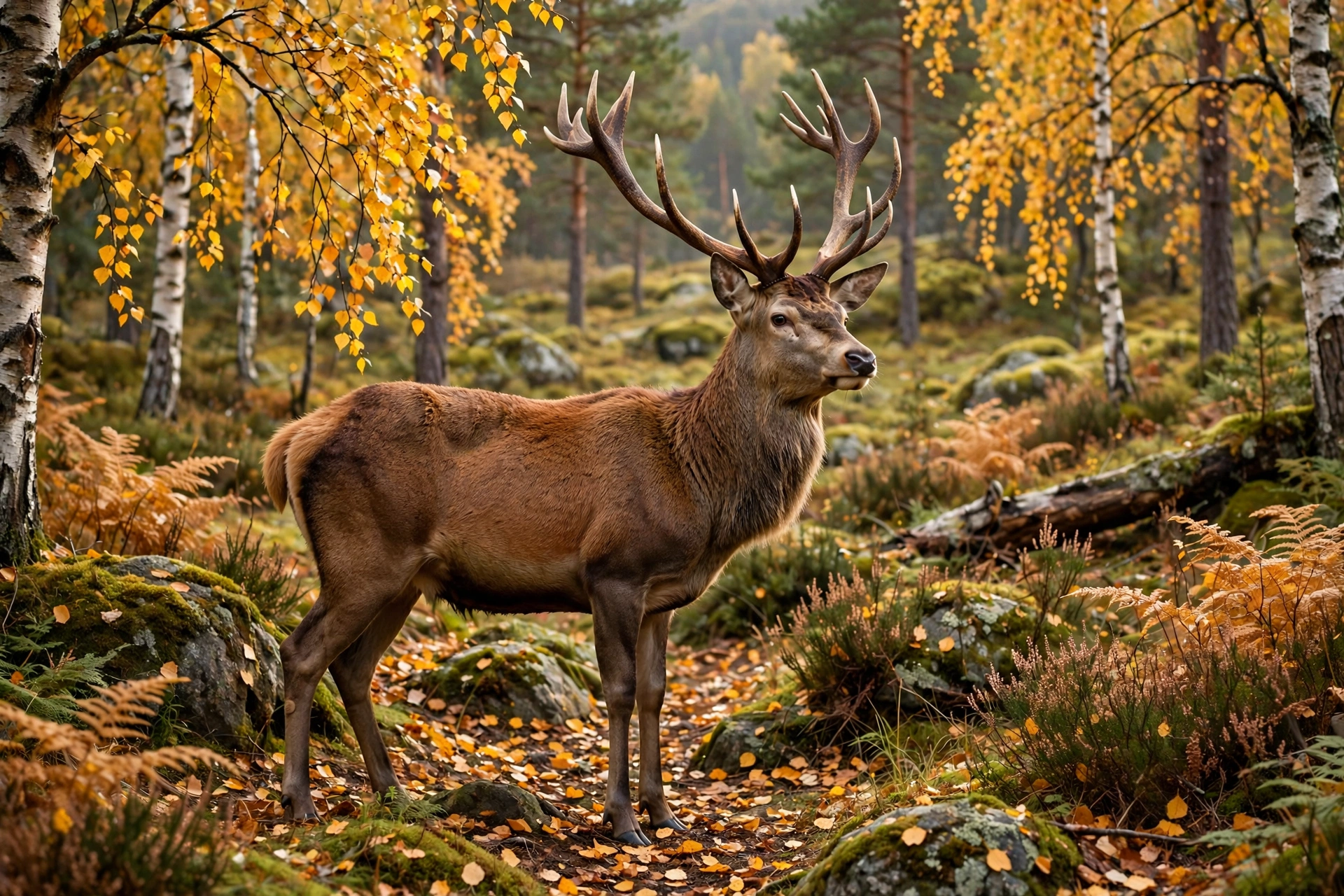 Red deer stag in Norwegian autumn woodland — deer species such as red deer and roe deer are managed locally under quotas and permits involving the viltnemnda